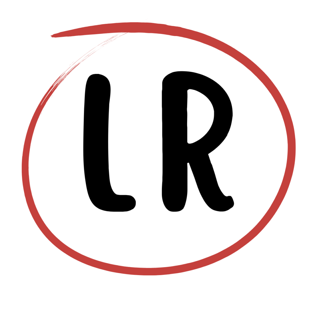 alt="Sello de autor con las iniciales LR en negro dentro de un círculo rojo."