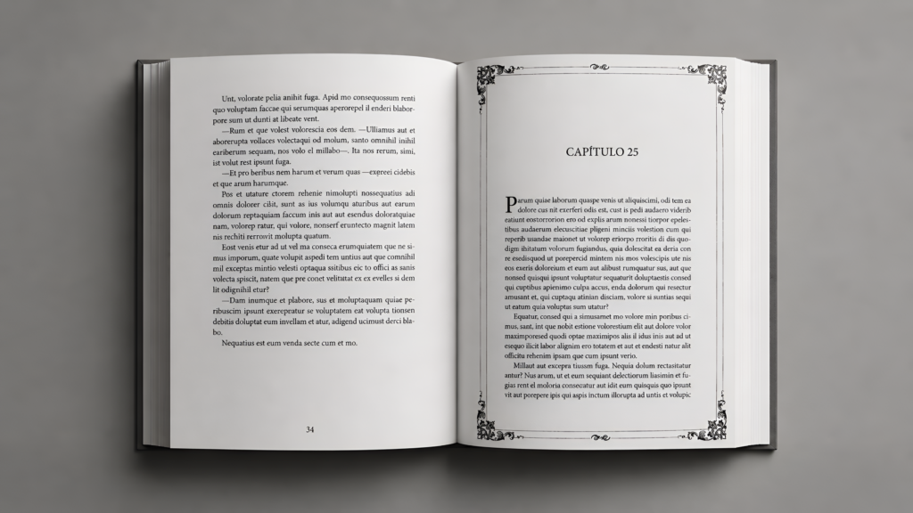 alt="Diseño de apertura de capítulo con orlas decorativas clásicas y letra capitular. Ejemplo de maquetación editorial artística para novelas y obras de ficción en Pluma Pulida."