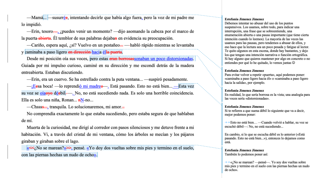 alt="Captura de pantalla de corrección de texto con control de cambios y comentarios editoriales detallados sobre ortografía, gramática y estilo, y sugerencias de mejora narrativa."