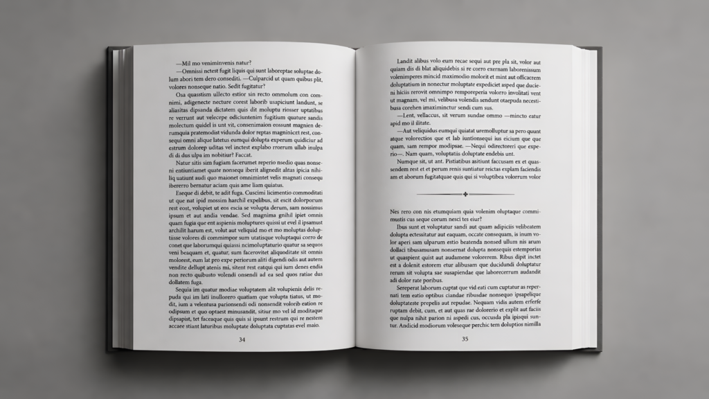 alt="Maquetación de interiores para novela con adornos tipográficos y capitulares. Diseño de página limpia optimizada para la lectura prolongada en libros físicos."
