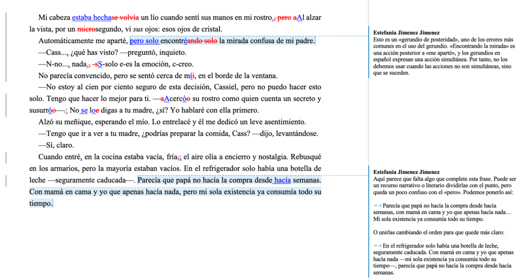 alt="Captura de pantalla de corrección de texto con control de cambios y comentarios editoriales detallados sobre ortografía, gramática y estilo, y sugerencias de mejora narrativa."