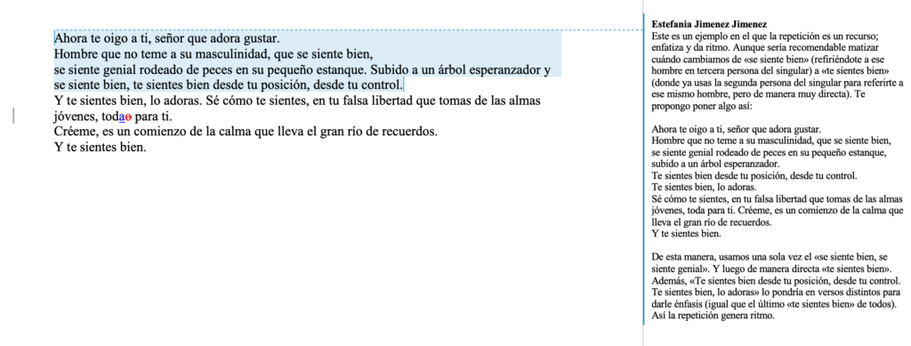 alt="Captura de pantalla de corrección de texto con control de cambios y comentarios editoriales detallados sobre ortografía, gramática y estilo, y sugerencias de mejora narrativa."
