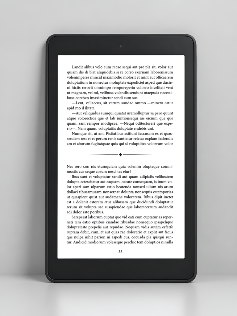 alt="Maquetación de libro digital para e-reader. Adaptación de texto fluido y elementos decorativos para dispositivos Kindle y lectura electrónica profesional."