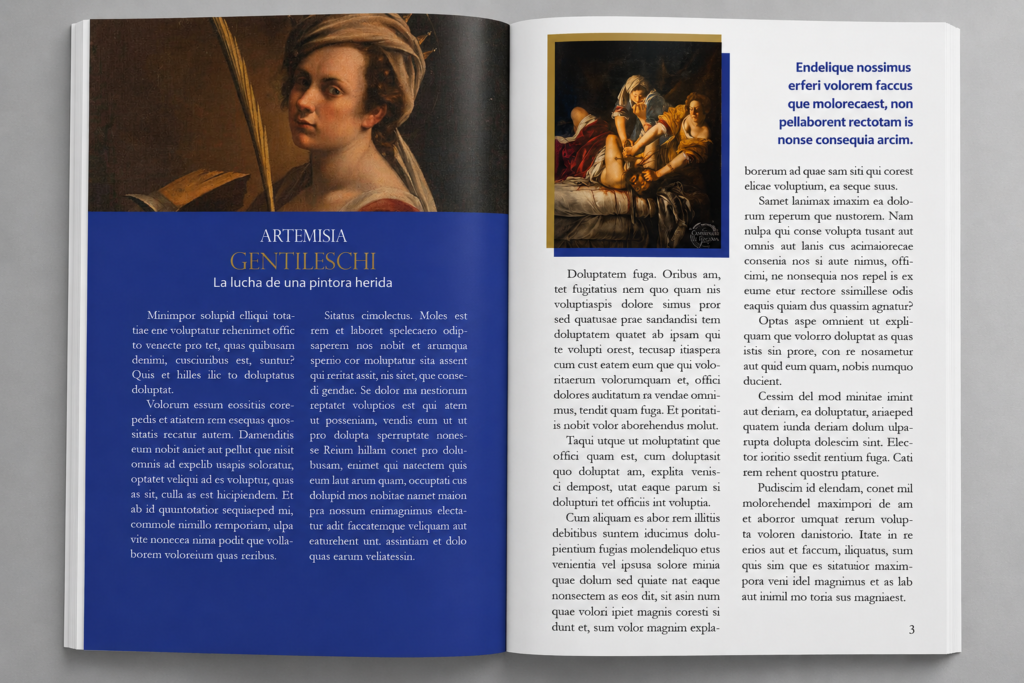 alt="Ejemplo de maquetación editorial profesional para libro de arte. Diseño de interiores con retícula compleja, integración de imágenes clásicas y bloques de texto académico."